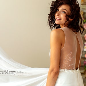 V-Neck Ivory Wedding Dress, Lace Applique Bodice, Sheer Back image 6