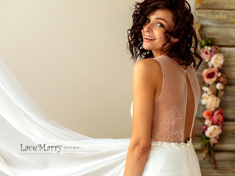 V-Neck Ivory Wedding Dress, Lace Applique Bodice, Sheer Back image 6