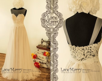 Romantic Boho Wedding Dress | Ivory Lace, Sheer Neckline, Grey Gold Underlay