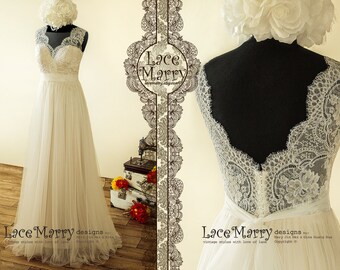 Boho French Lace Wedding Dress | Ivory Tulle A-Line, Champagne Silk