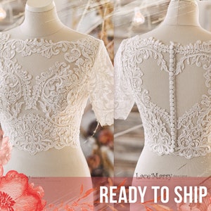 JERICA / Lace Topper with Sparkling Appliques, Short Sleeve Lace Bolero, Bridal Crop Top, Lace Bolero, Wedding Dress Set