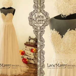 A Line Beach Wedding Dress with Sheer Neckline with Grey Gold Underlay Boho Wedding Dress, A Line Wedding Dress, Summer Wedding Dress image 1
