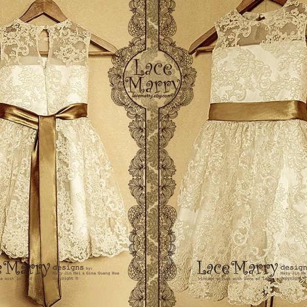 Vestido de niña de las flores de encaje, vestido miniatura color marfil con fajín dorado