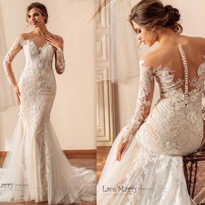 EZRA / Exclusive Lace Wedding Dress with Illusion Neckline and Long Sleeves, Fitted Wedding Dress with Sparkling Beading Detail