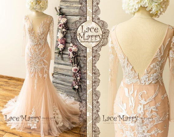 Lace Wedding Dress, Handmade Beading, Long Sleeves, Nude Lining