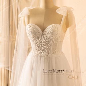 CALLIE / Boho Wedding Dress with Tulle Straps and Embellished Sweetheart Neck, A Line Wedding Dress with Slit in Tulle Skirt