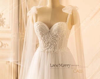 CALLIE / Boho A-Line Wedding Dress: Embellished Sweetheart Neckline, Tulle Straps