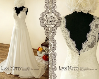French Lace Wedding Dress | A-Line Chiffon Skirt, Open Back