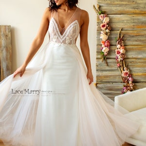 V-Neck Ivory Wedding Dress, Lace Applique Bodice, Sheer Back image 5