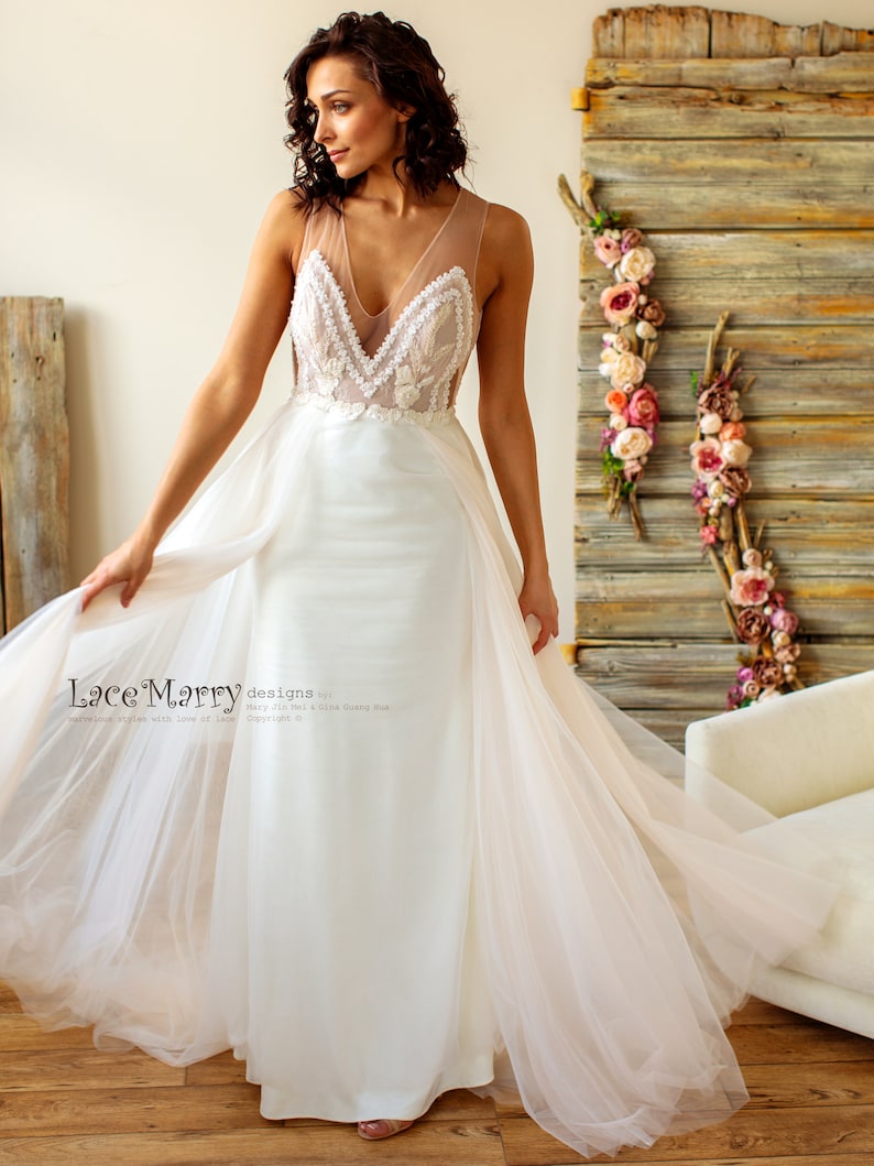 V-Neck Ivory Wedding Dress, Lace Applique Bodice, Sheer Back image 5