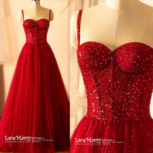 SANDRA / Red Wedding Dress with Sweetheart Neckline and A Line Skirt, Sparkling Red Wedding Dress, Red Prom Dress, Colored Wedding Dress