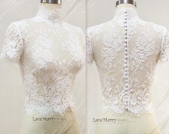 FEDERICA / Turtle Neck Lace Bridal Topper with Cap Sleeves and Romantic Buttons Closure
