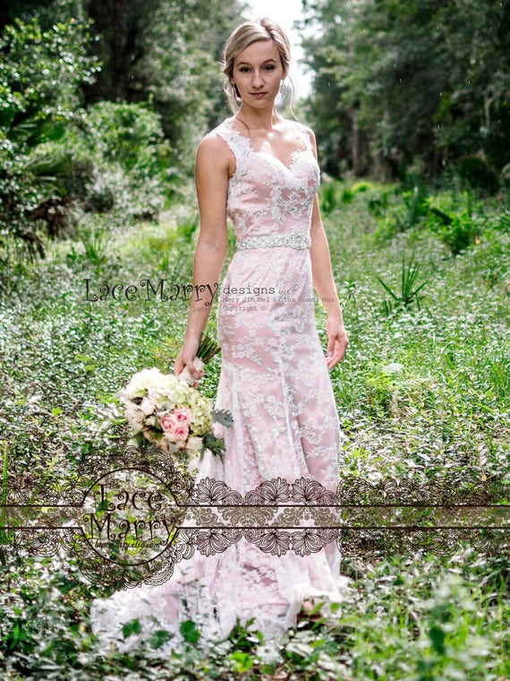 Boho Blush Wedding Dress, Scalloped Chantilly Lace, Fit and Flare Boho Blush Wedding Dress, Scalloped Chantilly Lace, Fit and Flare