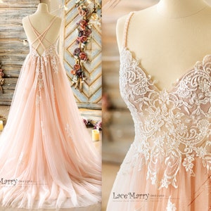 MEDEA / Blush Wedding Dress with Beading, Glitter Skirt Wedding Dress, Croo Straps Deep Open Back Wedding Dress, Reception Dress in Blush