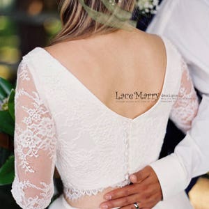 Two Piece Wedding Dress Set Lace Crop Top with Round Neckline and Elbow Sleeves 2 Piece Wedding Dress with Long Sleeves image 5