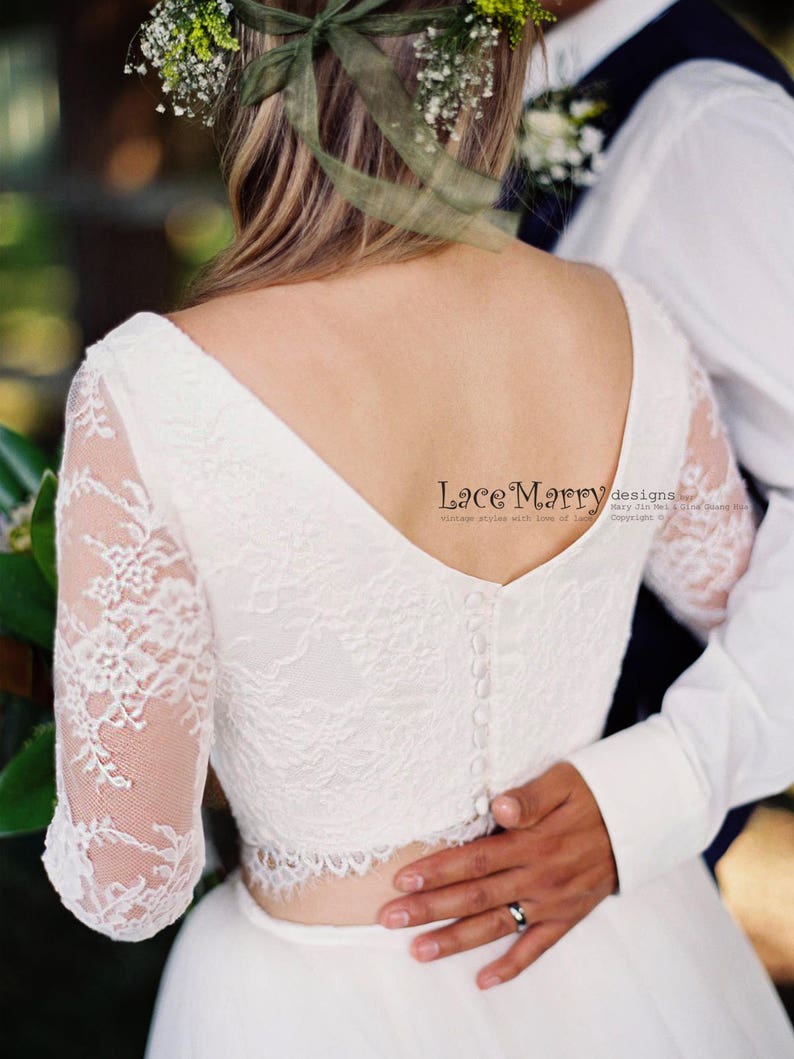 Two Piece Wedding Dress Set Lace Crop Top with Round Neckline and Elbow Sleeves 2 Piece Wedding Dress with Long Sleeves 画像 5