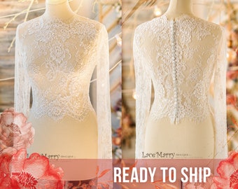 MAGNOLIA #2 / Elegant Lace Bolero with Long Sleeves and Full Row of Buttons, Lace Wedding Topper with Long Sleeves, Bridal Lace Bolero