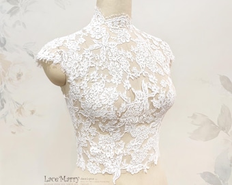 HARRIET / Mock Neck Lace Topper with Small Cap Sleeves