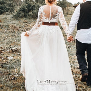 Beautiful Boho Style Wedding Dress with Long Lace Sleeves Featuring Illusion Neckline and Back with Buttons Through and Airy Tulle Skirt image 5