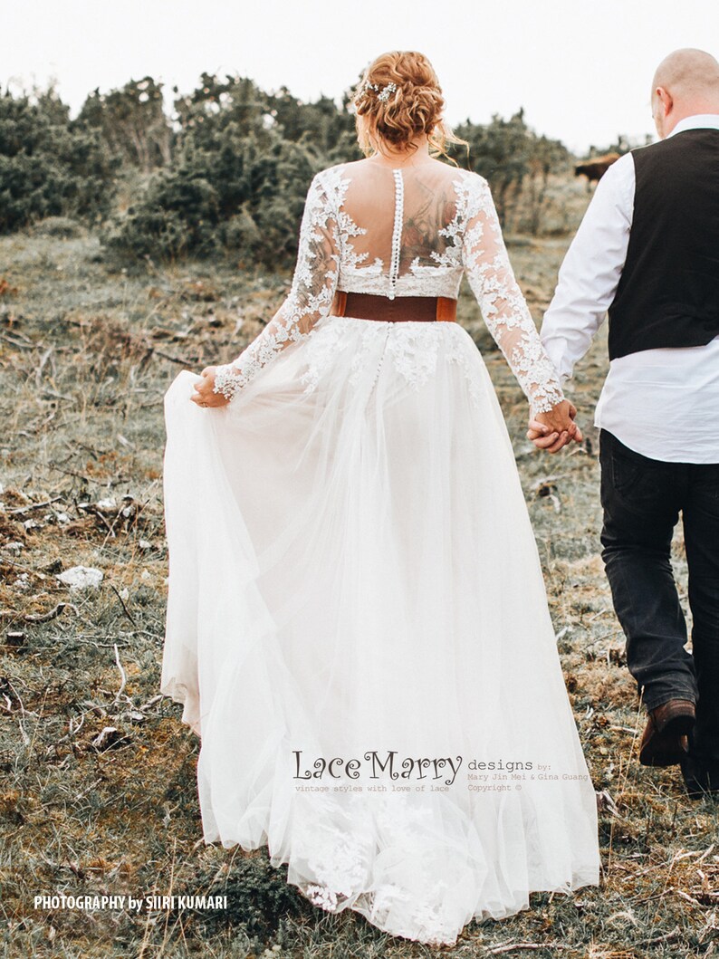 Beautiful Boho Style Wedding Dress with Long Lace Sleeves Featuring Illusion Neckline and Back with Buttons Through and Airy Tulle Skirt image 5