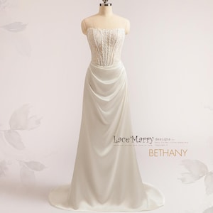 BETHANY / Brautkleid mit entbeintem Mieder, Brautkleid mit baskischer Taille, schlichtes Brautkleid mit Spitzenoberteil, minimalistisches Brautkleid