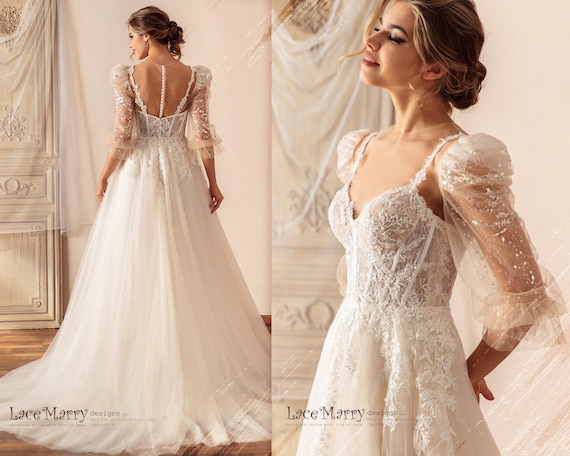 ● I AM MARI ● Paynel Puff Bolero Ribbon Tweed Dress PAULINA / Transformer Wedding Dress With Removable Bolero