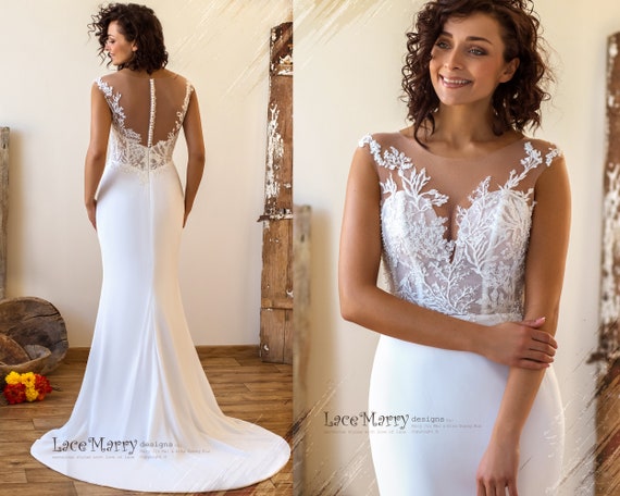 lace illusion back chiffon wedding dress Illusion Back Wedding Dresses