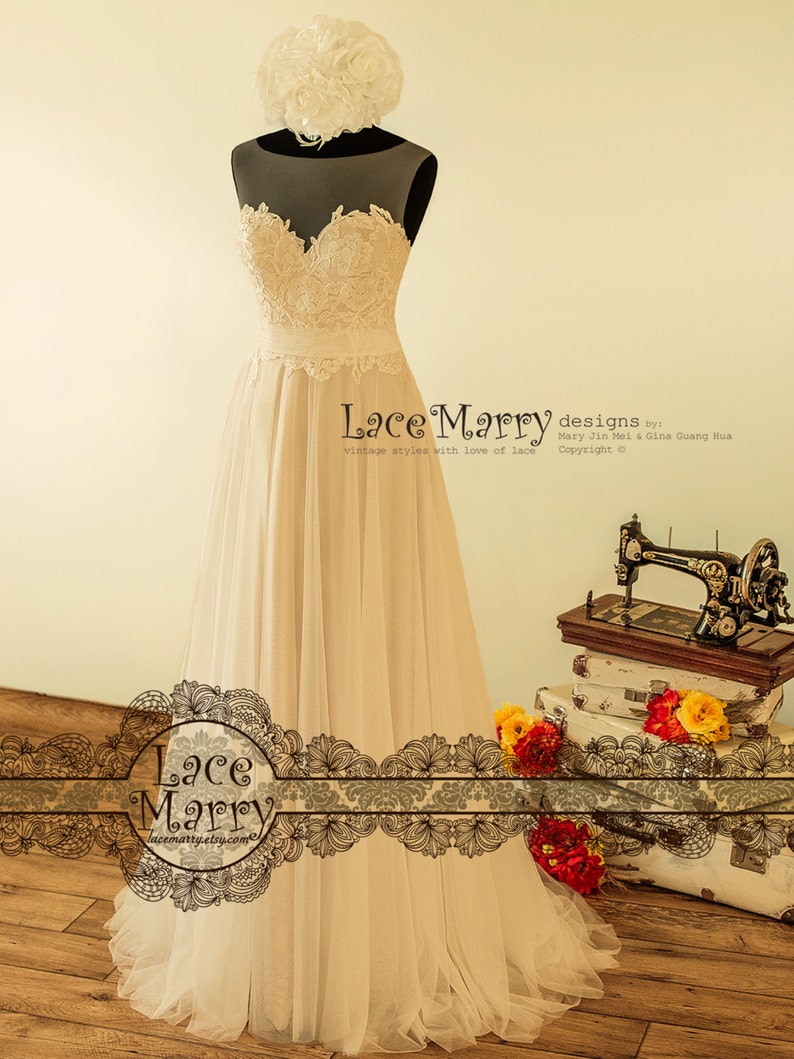 A Line Beach Wedding Dress with Sheer Neckline with Grey Gold Underlay Boho Wedding Dress, A Line Wedding Dress, Summer Wedding Dress image 2