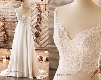 Boho Wedding Dress, Bridal Lace Top, Wedding Skirt, Crepe Wedding Skirt, Beach Wedding Dress with Separate Top, A Line Wedding Dress