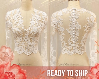 ERIKA #12 / Ivory Lace Bridal Crop Top: Long Sleeves, V Neckline, Flower Appliqués