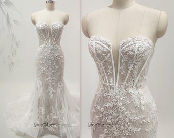 FREIDA / Strapless Mermaid Wedding Dress, Sheer Lace Corset Bridal Gown with Detachable Off Shoulder Sleeves and Cathedral Train