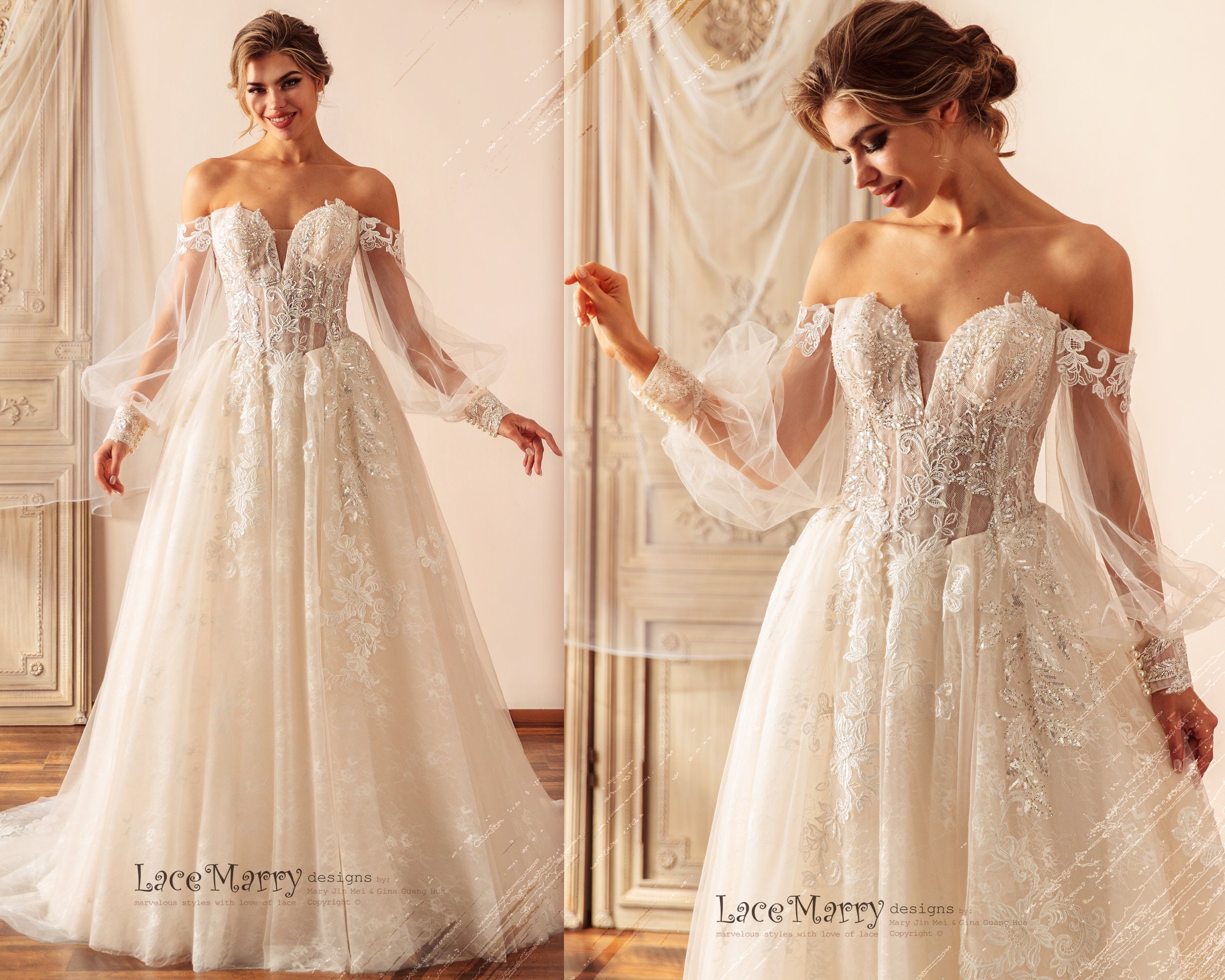 Graceful Lace A Line Wedding Dresses 2023 Beaded High Neck Plus Size Bridal  Gowns Detachable Train Applique Long Sleeves Tulle