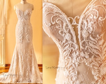 MALENA / Strapless Plunge Wedding Dress, Delicate Hand Beading, French Lace Applique