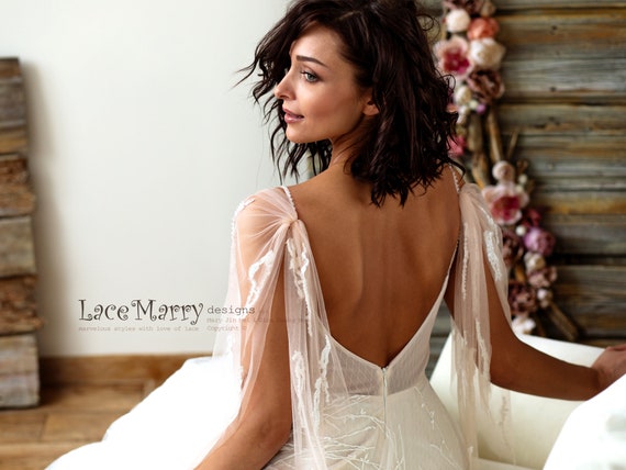 Unique Lace Wedding Dress in A-line Shape With Beaded Top, Deep