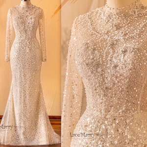 JACINDA / All Over Beaded Wedding Dress with Long Sleeves and Amazing Hand Beaded High Collar Design, Fit and Flare Sparkling Wedding Dress