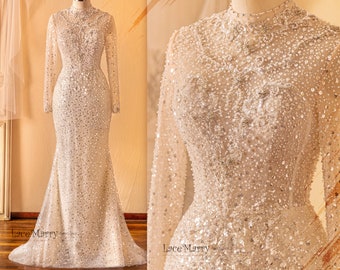 JACINDA / All Over Beaded Wedding Dress with Long Sleeves and Amazing Hand Beaded High Collar Design, Fit and Flare Sparkling Wedding Dress