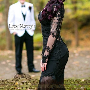 Black Wedding Dress with Sheer Open Back, Buttons and Long Sleeves in Floor Length with Transparent Slits and Train Renewal Dress Bild 3