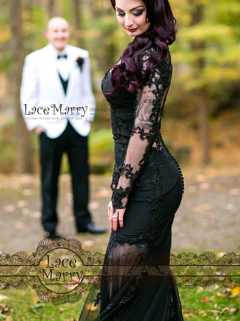 Black Wedding Dress with Sheer Open Back, Buttons and Long Sleeves in Floor Length with Transparent Slits and Train Renewal Dress image 3