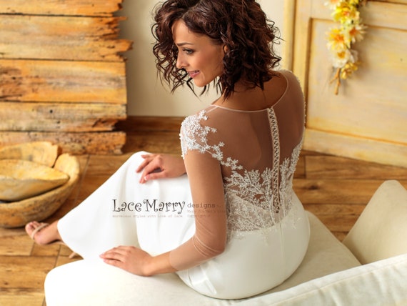 Sheath Boho Wedding Dress With Illusion Top, Sheer Long Sleeves