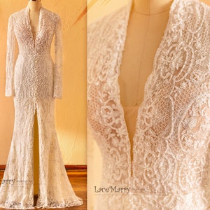 MAREA / Long Sleeves Lace Wedding Dress with Slit in the Skirt, Deep Plunge Wedding Dress, High Collar Wedding Dress with Full Lace Back