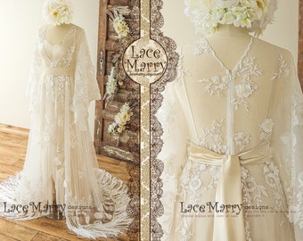 SANTINA / Bohemian Lace Wedding Dress with Ivory 3D Appliqué in Kaftan Style and Kimono Sleeves, Wedding Dress with Tulip Cut Silk Slip