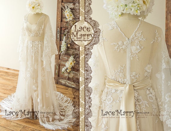 SANTINA / Bohemian Lace Wedding Dress With Ivory 3D Appliqué in Kaftan  Style and Kimono Sleeves, Wedding Dress With Tulip Cut Silk Slip 