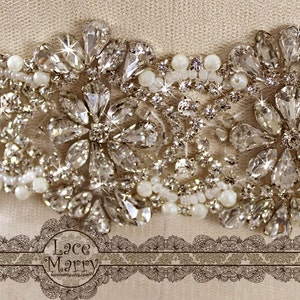 Waterlily Luxurious Handmade Rhinestone and Imitation Pearl Beaded Floral Pattern Belt on the Ribbon Vintage Inspired Bridal Beadwork Sash image 4