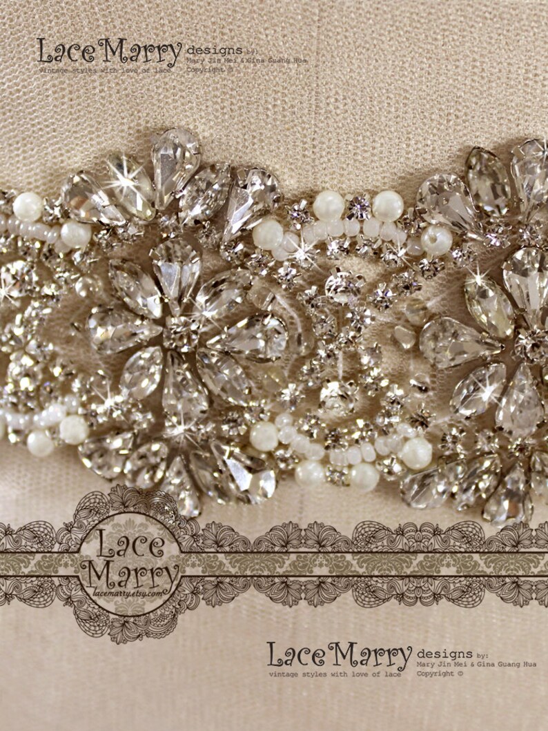 Waterlily Luxurious Handmade Rhinestone and Imitation Pearl Beaded Floral Pattern Belt on the Ribbon Vintage Inspired Bridal Beadwork Sash image 4