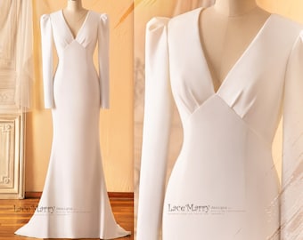 REI / Puff Shoulder Sleeve Simple Wedding Dress, Civil Wedding Dress, Plain Wedding Dress with Long Sleeves and Keyhole Back