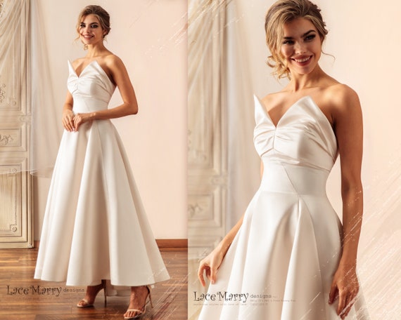 HELENA Ankle Length Wedding Dress With Pointy Neckline Plain Wedding Dress With V Neckline Short Wedding Dress Etsy Canada