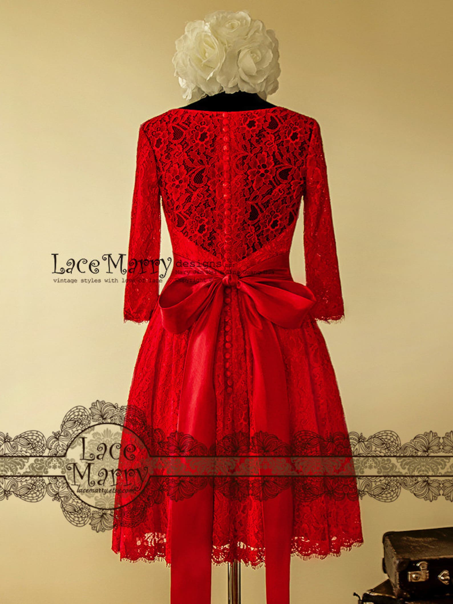 Knee Length Red Lace Wedding Dress Short Red Wedding Dresses - Etsy