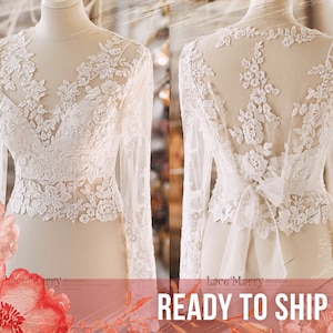 ERIKA #10 / Bridal Crop Top with Long Sleeves and Soft Floral Appliques, Wedding Separates, Bridal Top, Boho Wedding Dress