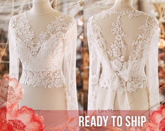 ERIKA #10 / Bridal Crop Top with Long Sleeves and Soft Floral Appliques, Wedding Separates, Bridal Top, Boho Wedding Dress