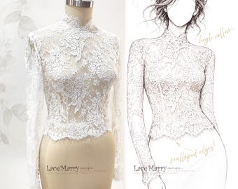 EUDORA / High Neck Bridal Lace Bolero, Long Sleeve Wedding Dress Topper, Ivory Floral Lace Jacket, Button Back Sheer Bridal Cover Up